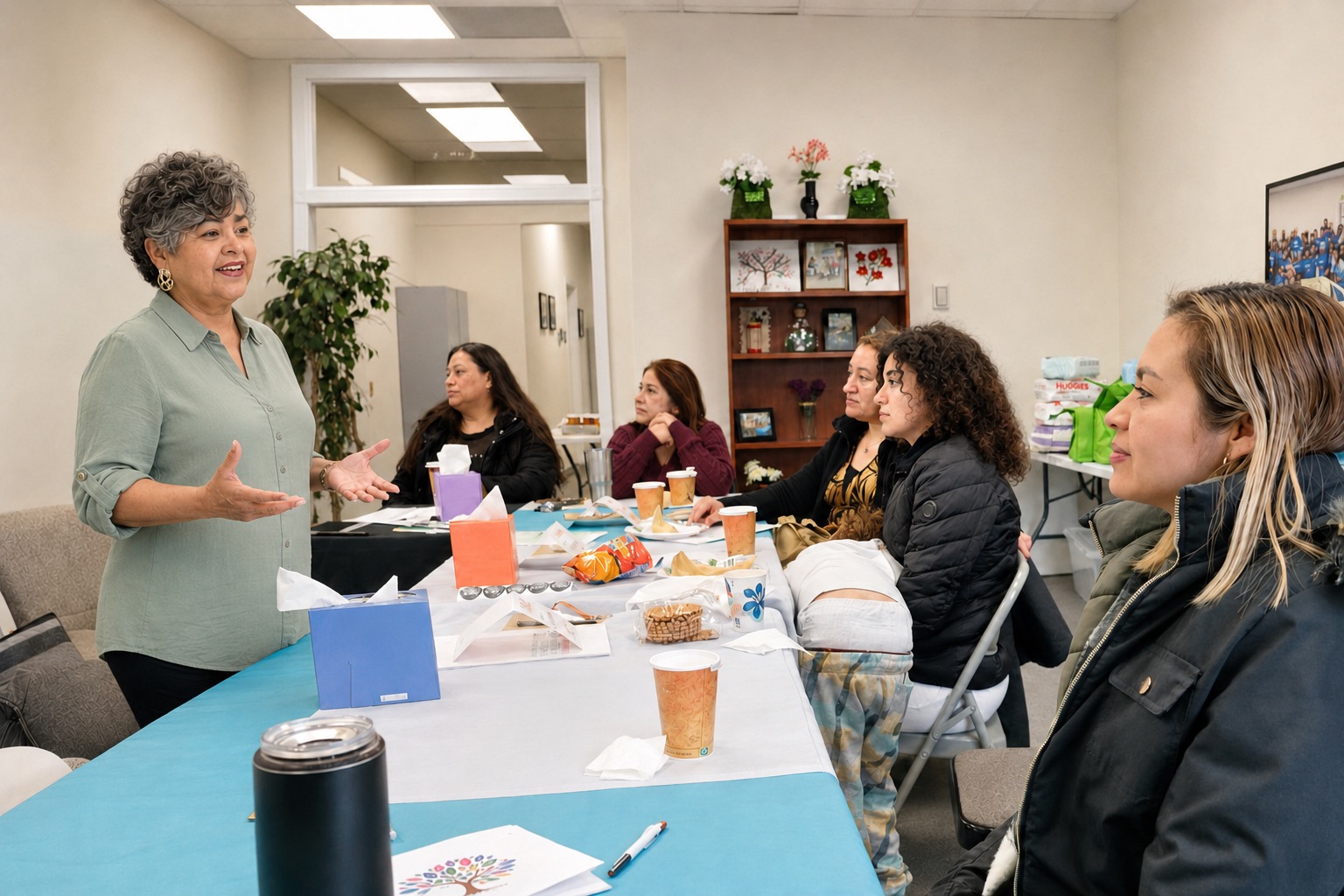 Claudia Lorett facilitando un taller con un grupo alrededor de la mesa